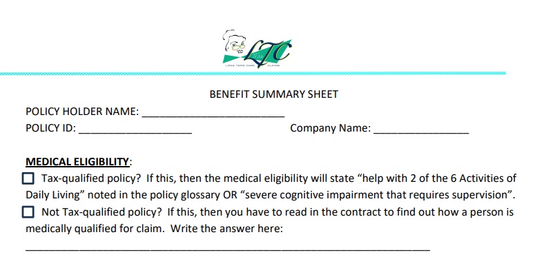 Benefit Summary Sheet
